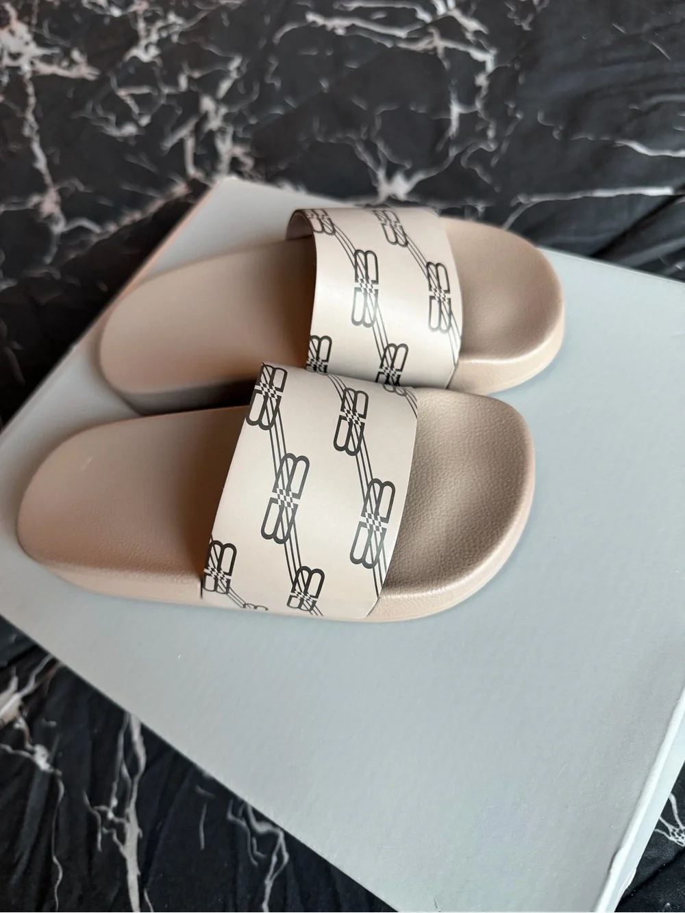 Balenciaga Cream Logo Slide Sandals